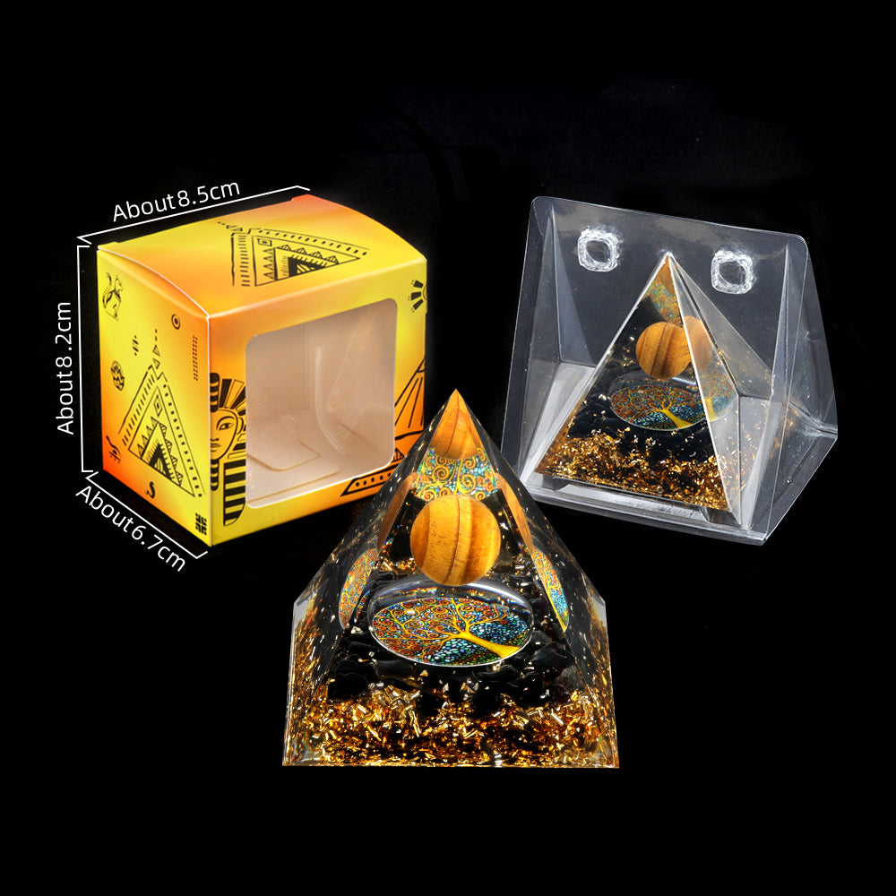 Floating Sphere Orgone Pyramid — Tiger's Eye & Obsidian