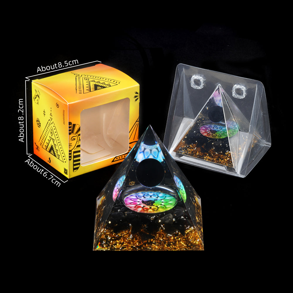 Floating Sphere Orgone Pyramid — Obsidian & Rainbow Mandala