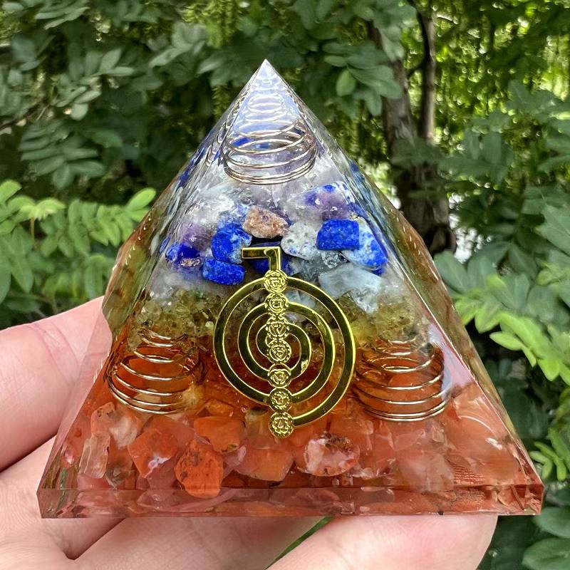 Seven Chakra Orgone Pyramid — 6.5cm Amethyst Lapis Natural Stone Resin Decor