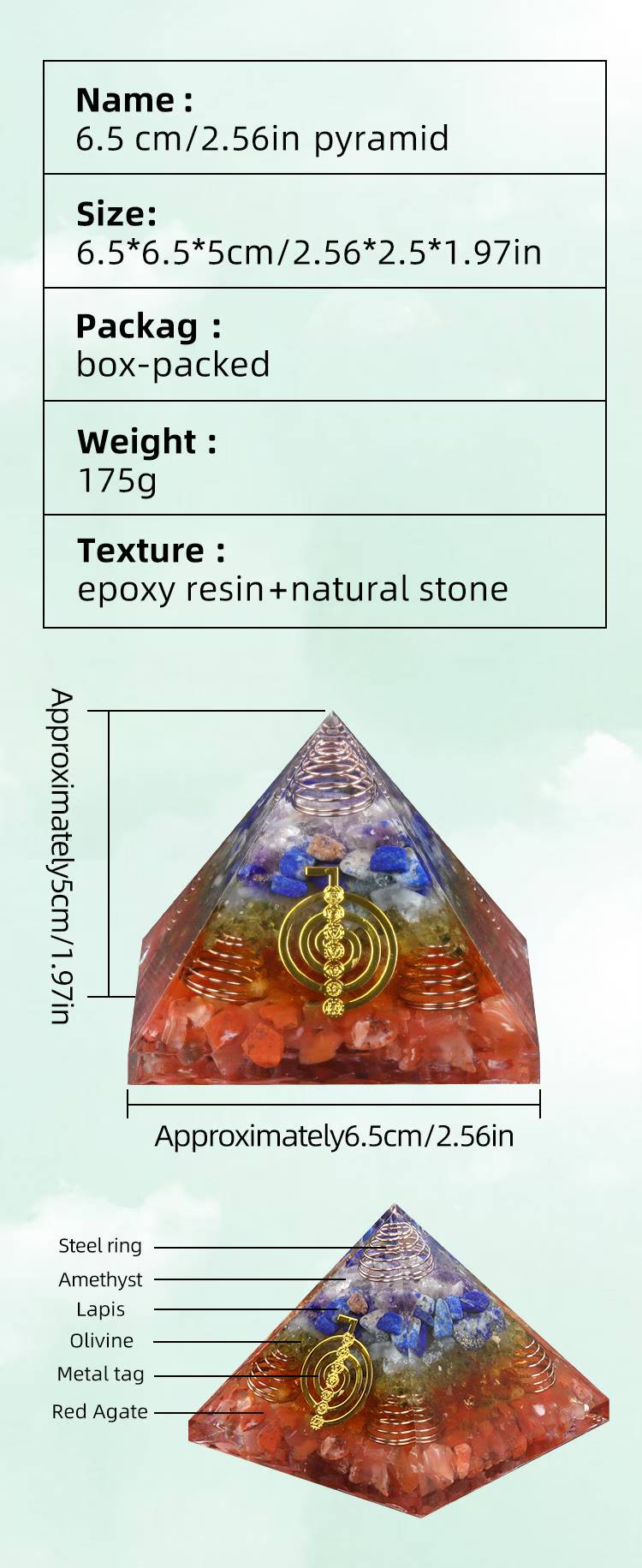 Seven Chakra Orgone Pyramid — 6.5cm Amethyst Lapis Natural Stone Resin Decor