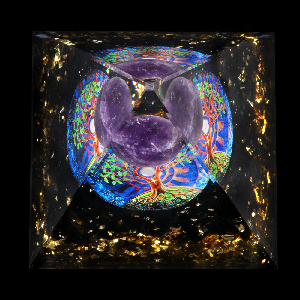 Floating Sphere Orgone Pyramid — Amethyst & Tree of Life
