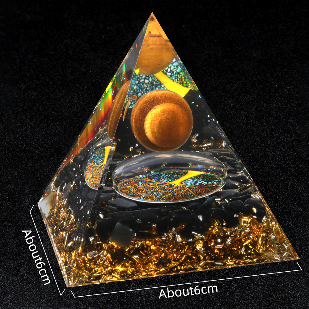Floating Sphere Orgone Pyramid — Tiger's Eye & Obsidian