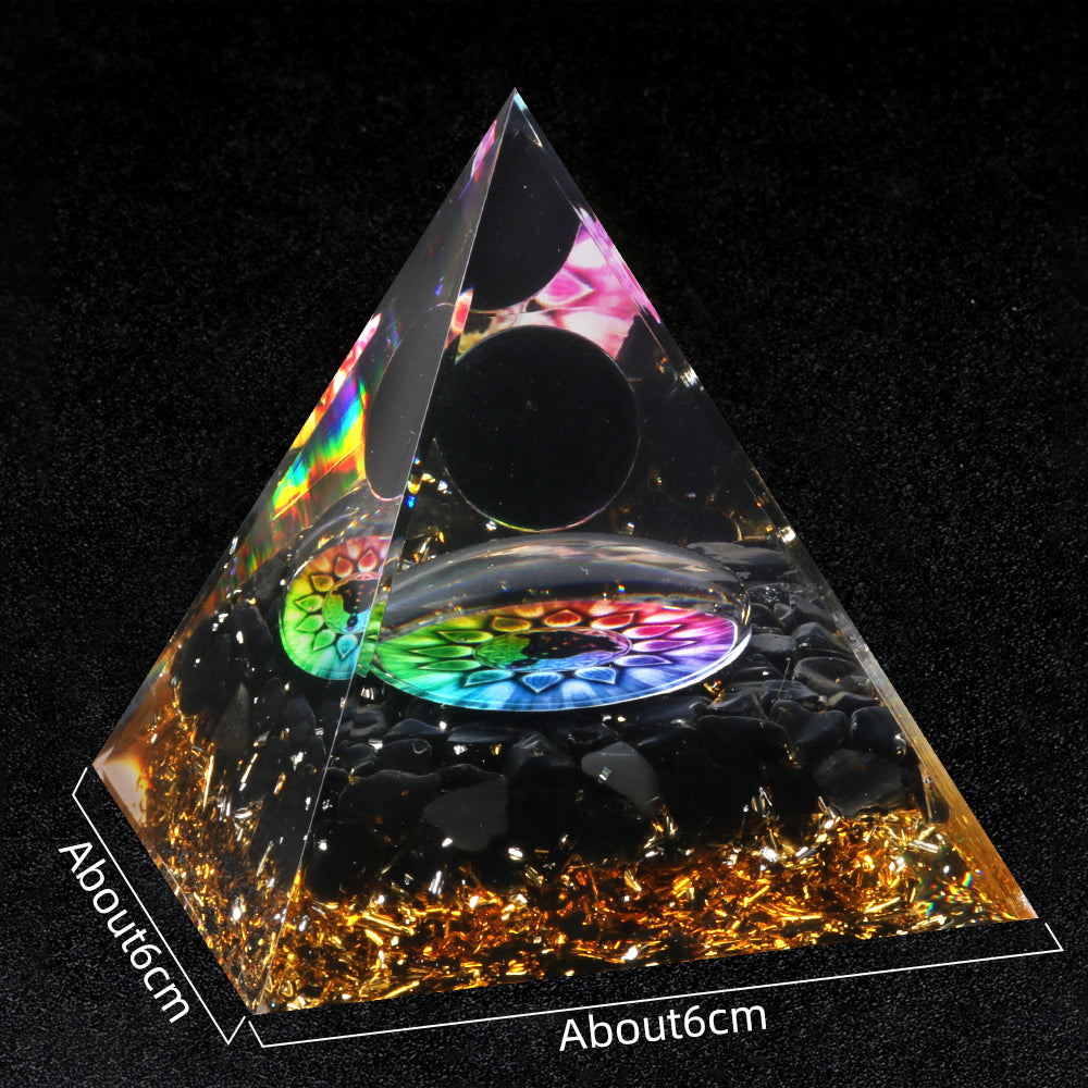Floating Sphere Orgone Pyramid — Obsidian & Rainbow Mandala