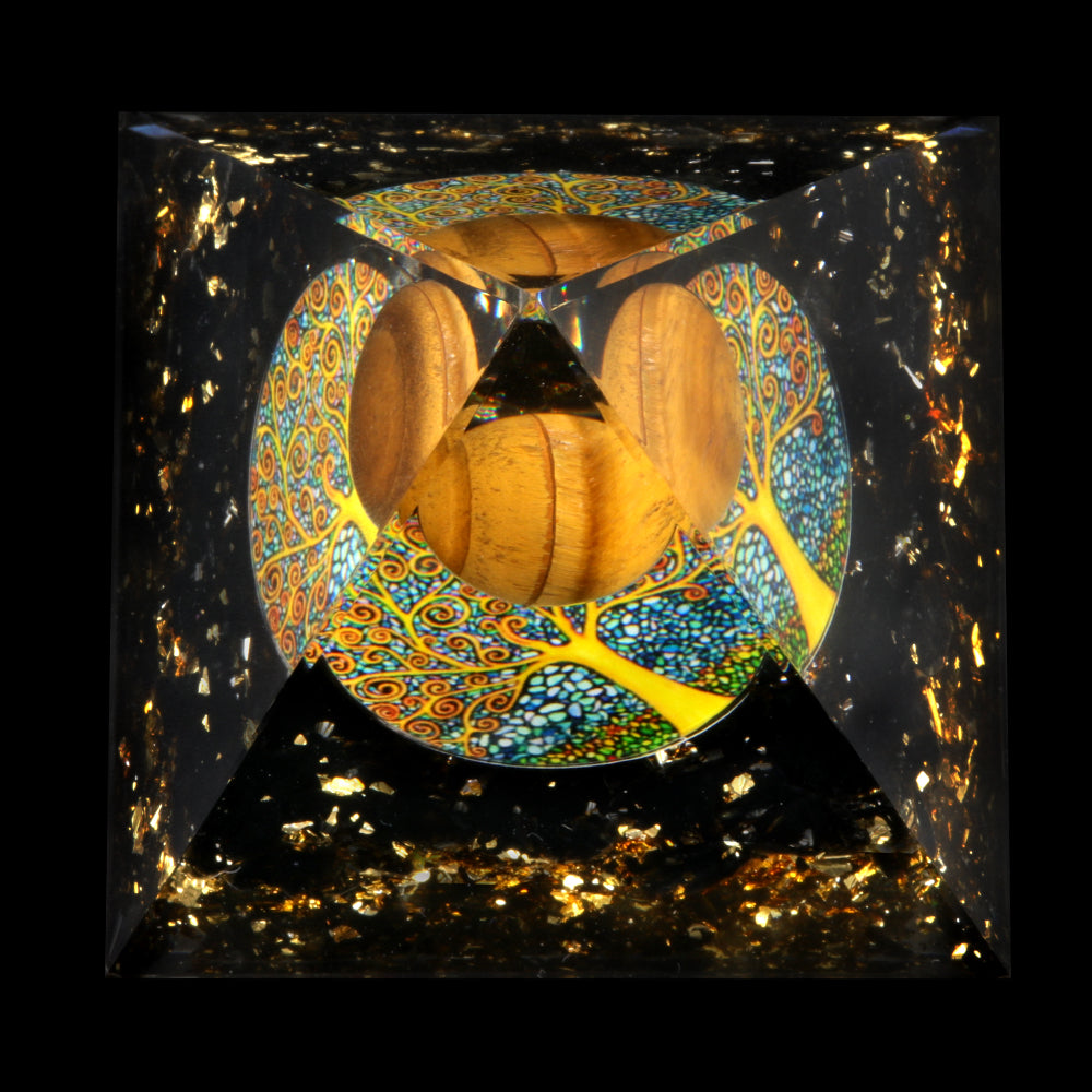 Floating Sphere Orgone Pyramid — Tiger's Eye & Obsidian
