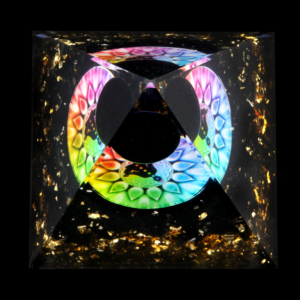 Floating Sphere Orgone Pyramid — Obsidian & Rainbow Mandala