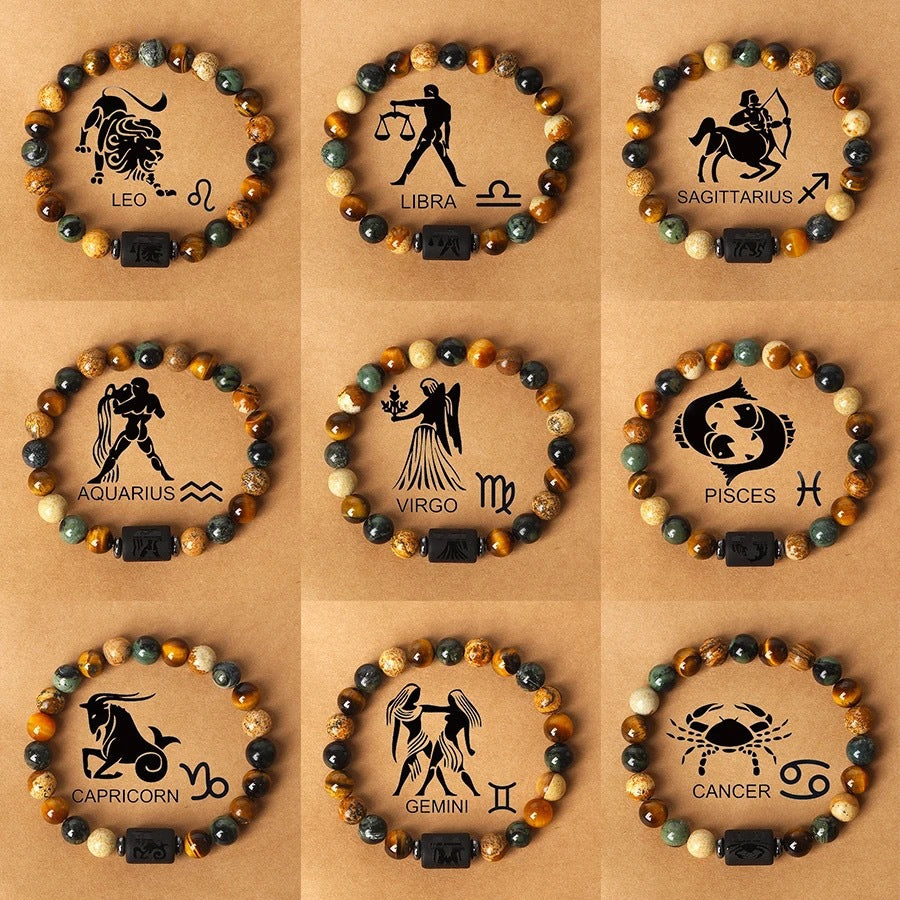 Zodiac Crystal Bracelet — Natural Stone Beads | All 12 Signs | Includes Zodiac Card