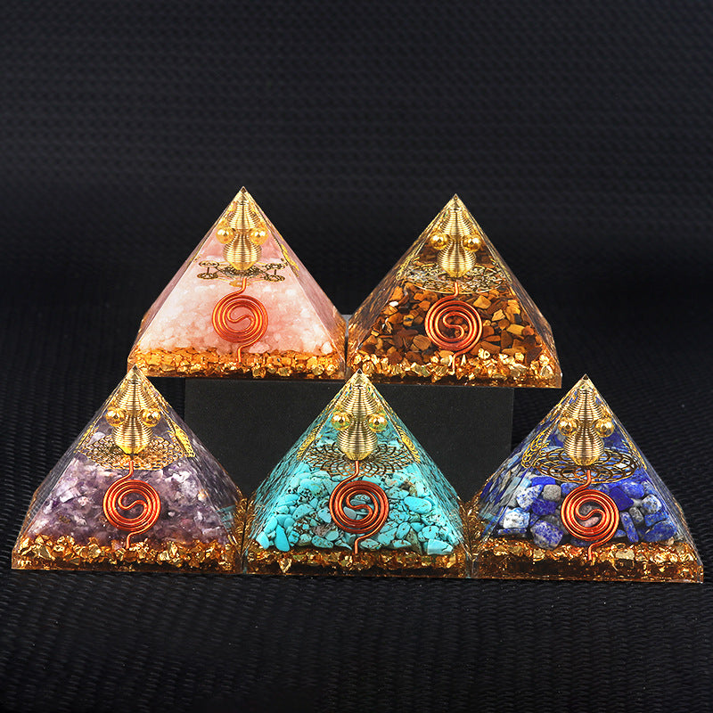 Copper Wire Wrapped Crystal Orgone Pyramid — 6.5cm Natural Stone Resin Decor