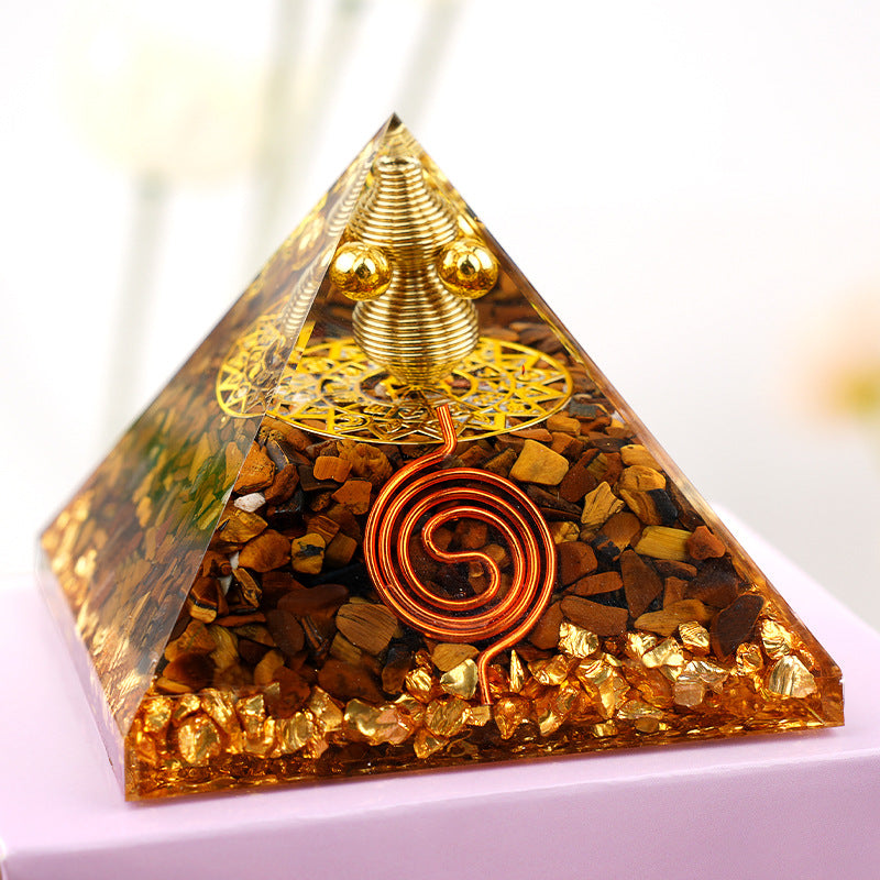 Copper Wire Wrapped Crystal Orgone Pyramid — 6.5cm Natural Stone Resin Decor
