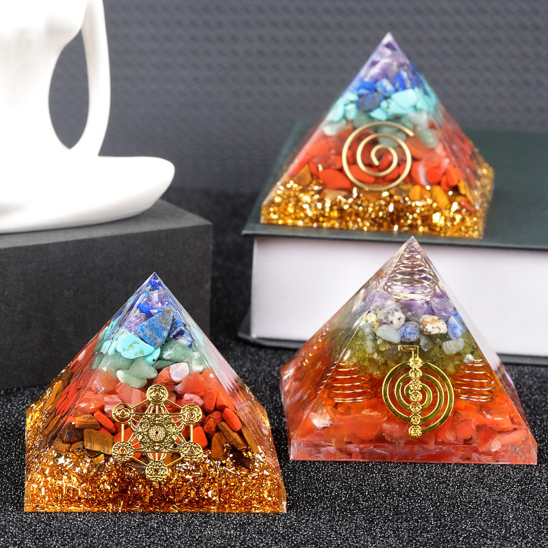 Rainbow Stone & Red Agate Orgone Pyramid — 6.5cm Resin Crystal Decor