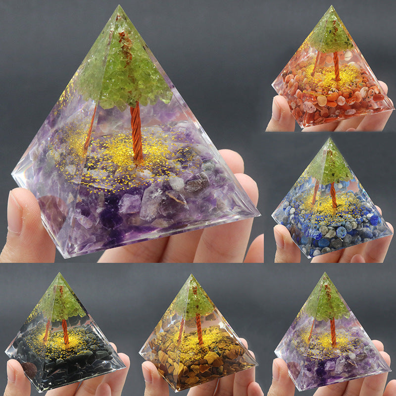 Crystal Tree of Life Orgone Pyramid — Olive Resin & Natural Stone