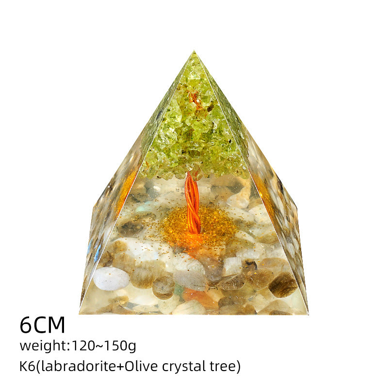 Crystal Tree of Life Orgone Pyramid — Olive Resin & Natural Stone