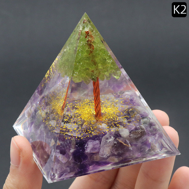 Crystal Tree of Life Orgone Pyramid — Olive Resin & Natural Stone