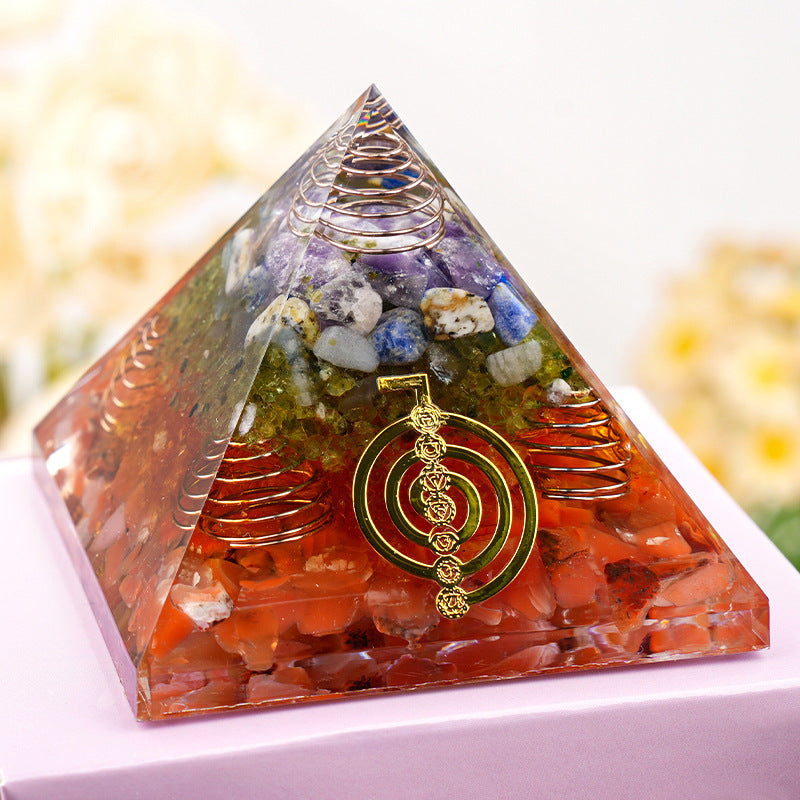Rainbow Stone & Red Agate Orgone Pyramid — 6.5cm Resin Crystal Decor