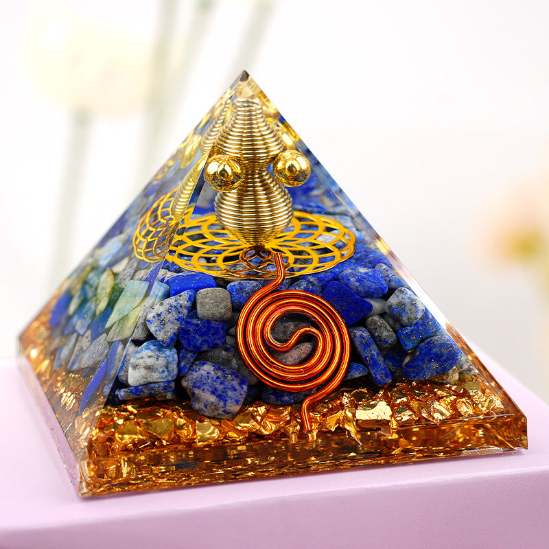 Copper Wire Wrapped Crystal Orgone Pyramid — 6.5cm Natural Stone Resin Decor