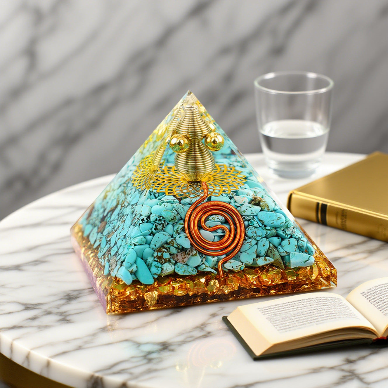 Copper Wire Wrapped Crystal Orgone Pyramid — 6.5cm Natural Stone Resin Decor