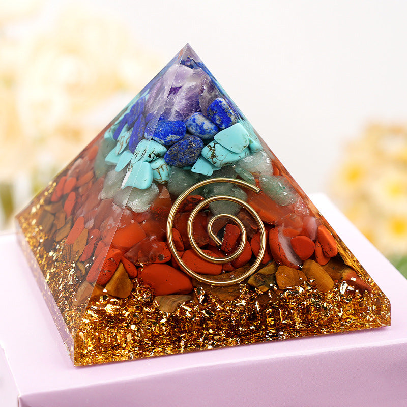 Rainbow Stone & Red Agate Orgone Pyramid — 6.5cm Resin Crystal Decor