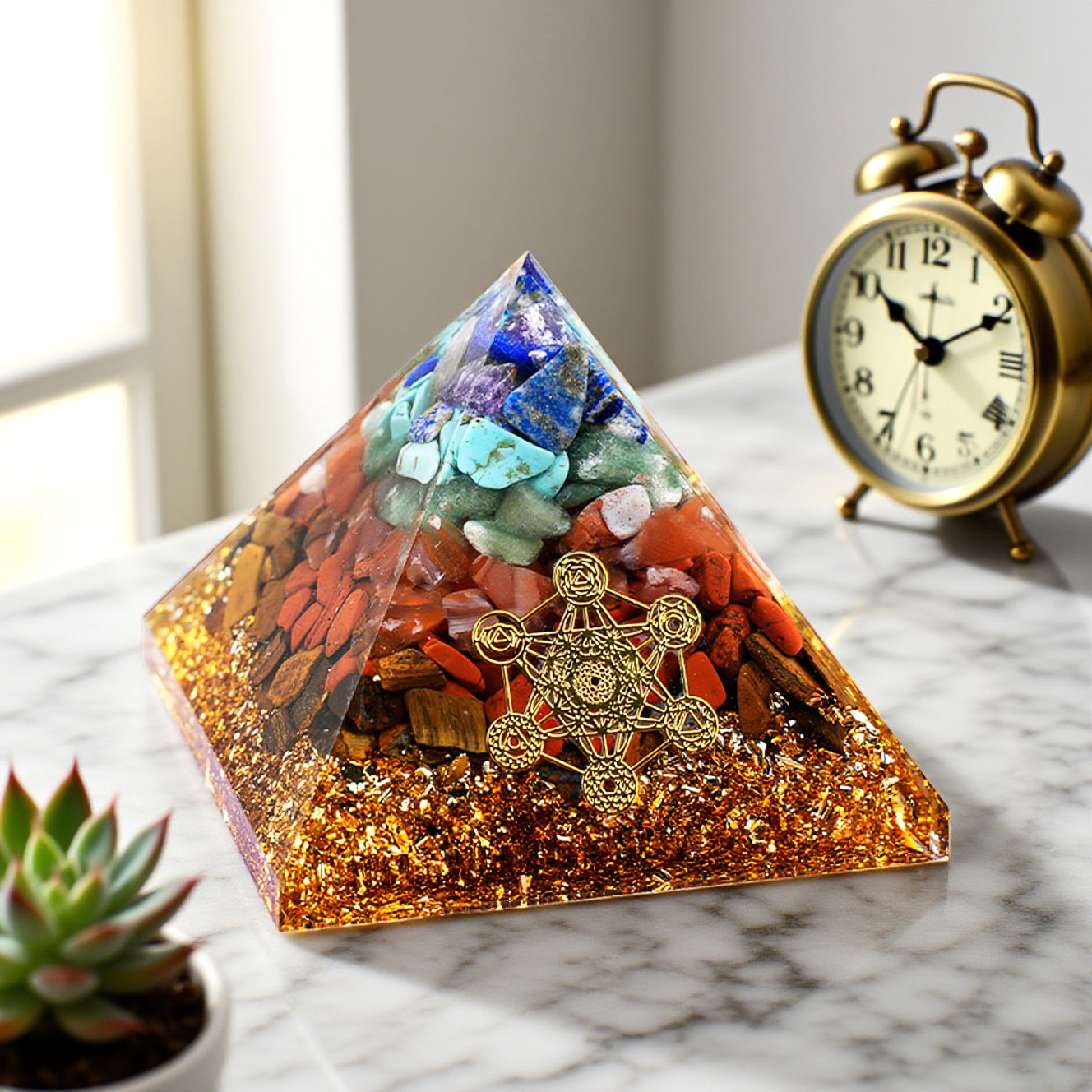 Rainbow Stone & Red Agate Orgone Pyramid — 6.5cm Resin Crystal Decor