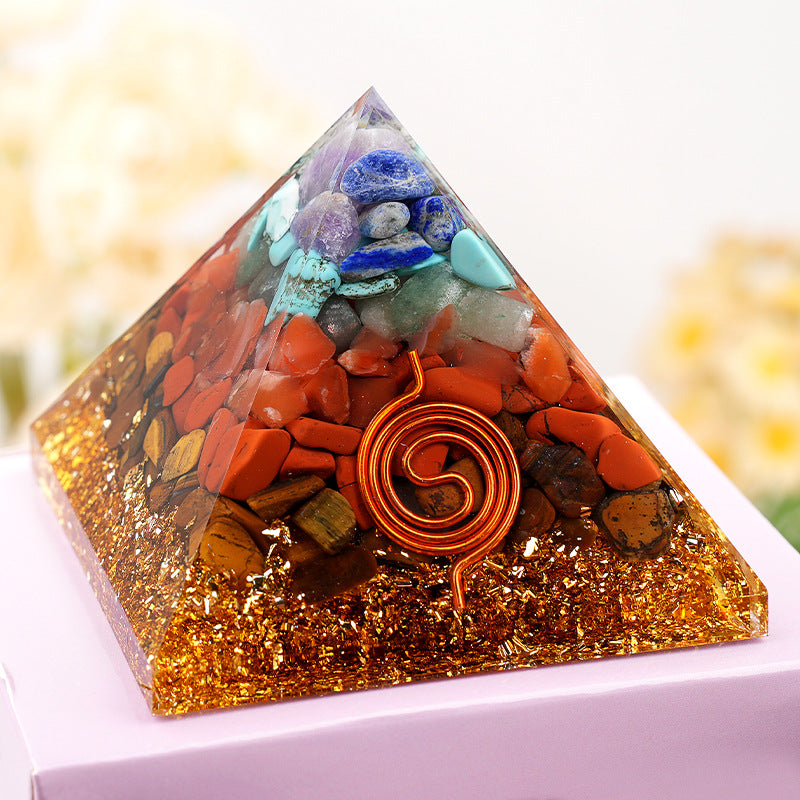 Rainbow Stone & Red Agate Orgone Pyramid — 6.5cm Resin Crystal Decor