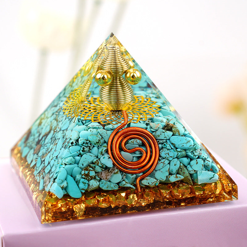 Copper Wire Wrapped Crystal Orgone Pyramid — 6.5cm Natural Stone Resin Decor