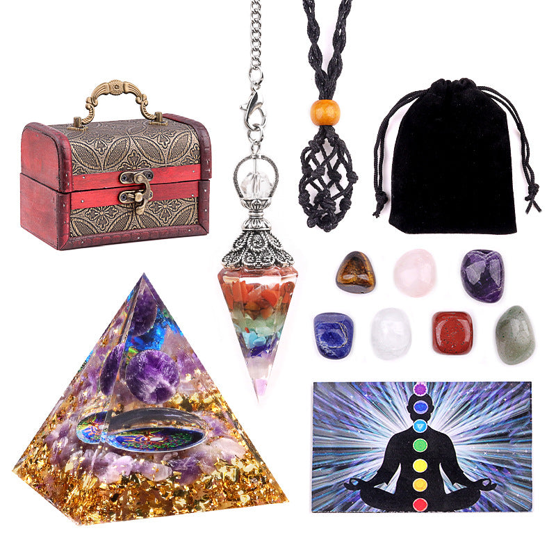 Crystal Chakra Gift Set — Natural Stone Pyramid, Pendulum & Gravel Collection