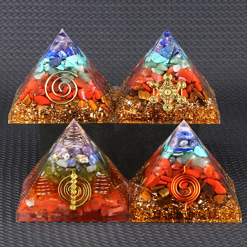 Rainbow Stone & Red Agate Orgone Pyramid — 6.5cm Resin Crystal Decor