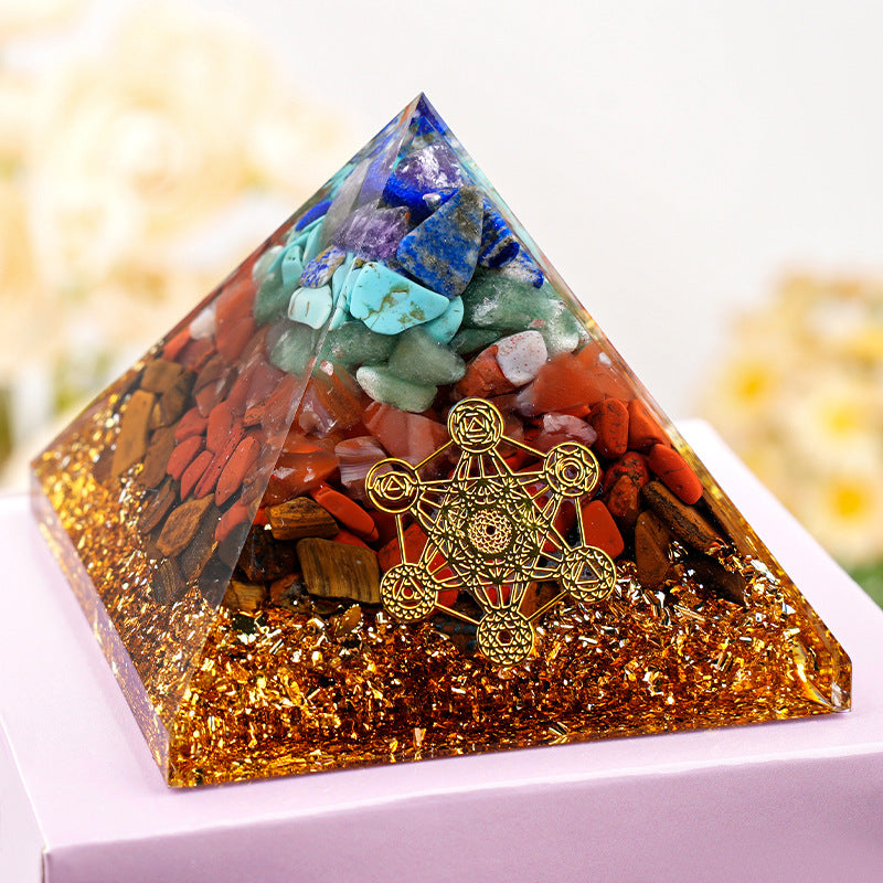 Rainbow Stone & Red Agate Orgone Pyramid — 6.5cm Resin Crystal Decor