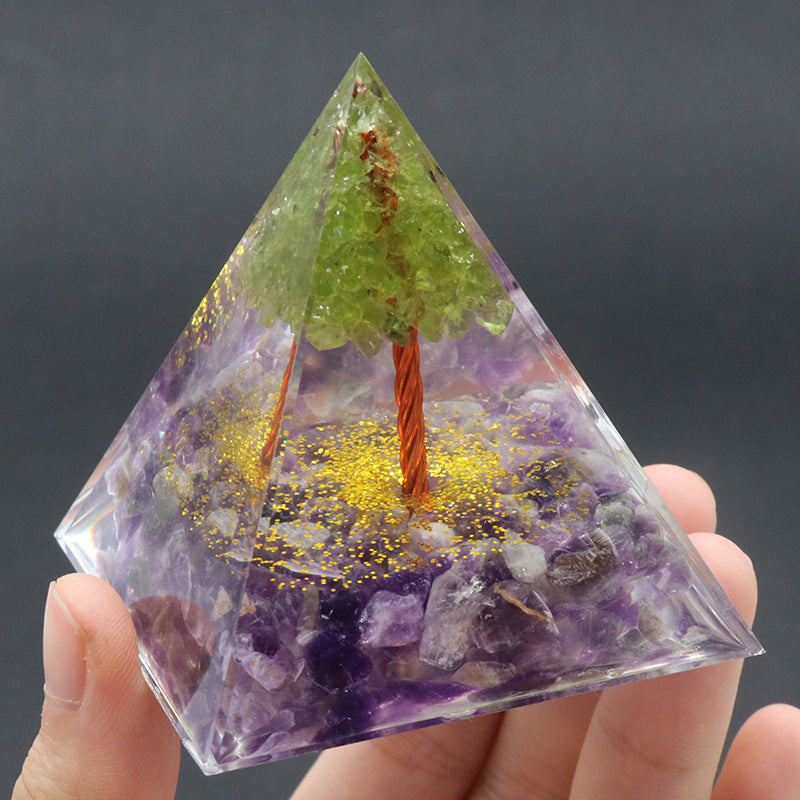 Crystal Tree of Life Orgone Pyramid — Olive Resin & Natural Stone