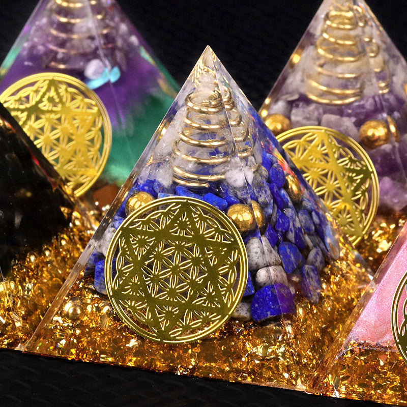Dual Crystal Orgone Pyramid — 5cm Natural Stone Resin Desk Decor