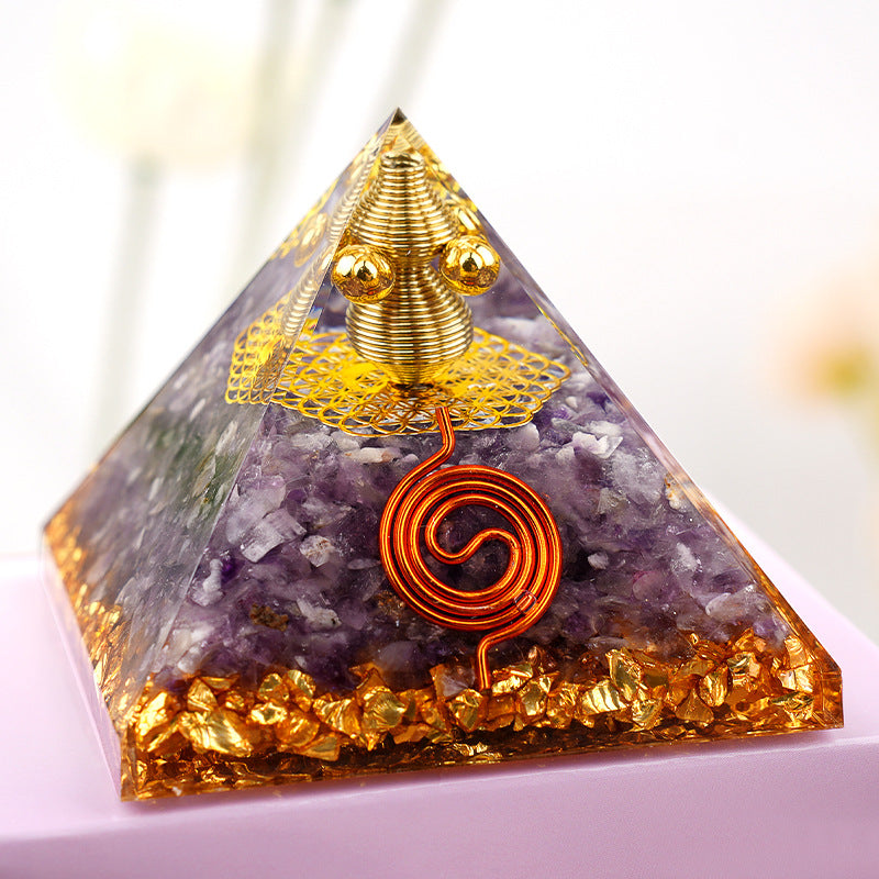 Copper Wire Wrapped Crystal Orgone Pyramid — 6.5cm Natural Stone Resin Decor