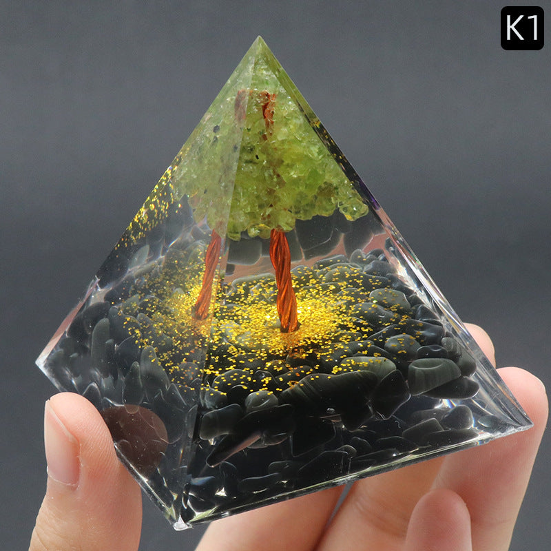 Crystal Tree of Life Orgone Pyramid — Olive Resin & Natural Stone